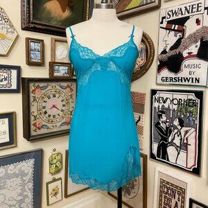 Victorias Secret Blue Lace Trim Chemise Sleepwear Lingerie L